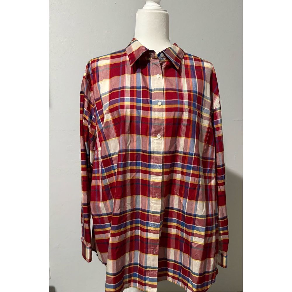 Lauren Ralph Lauren 100% silk red & blue plaid long sleeve top 3X